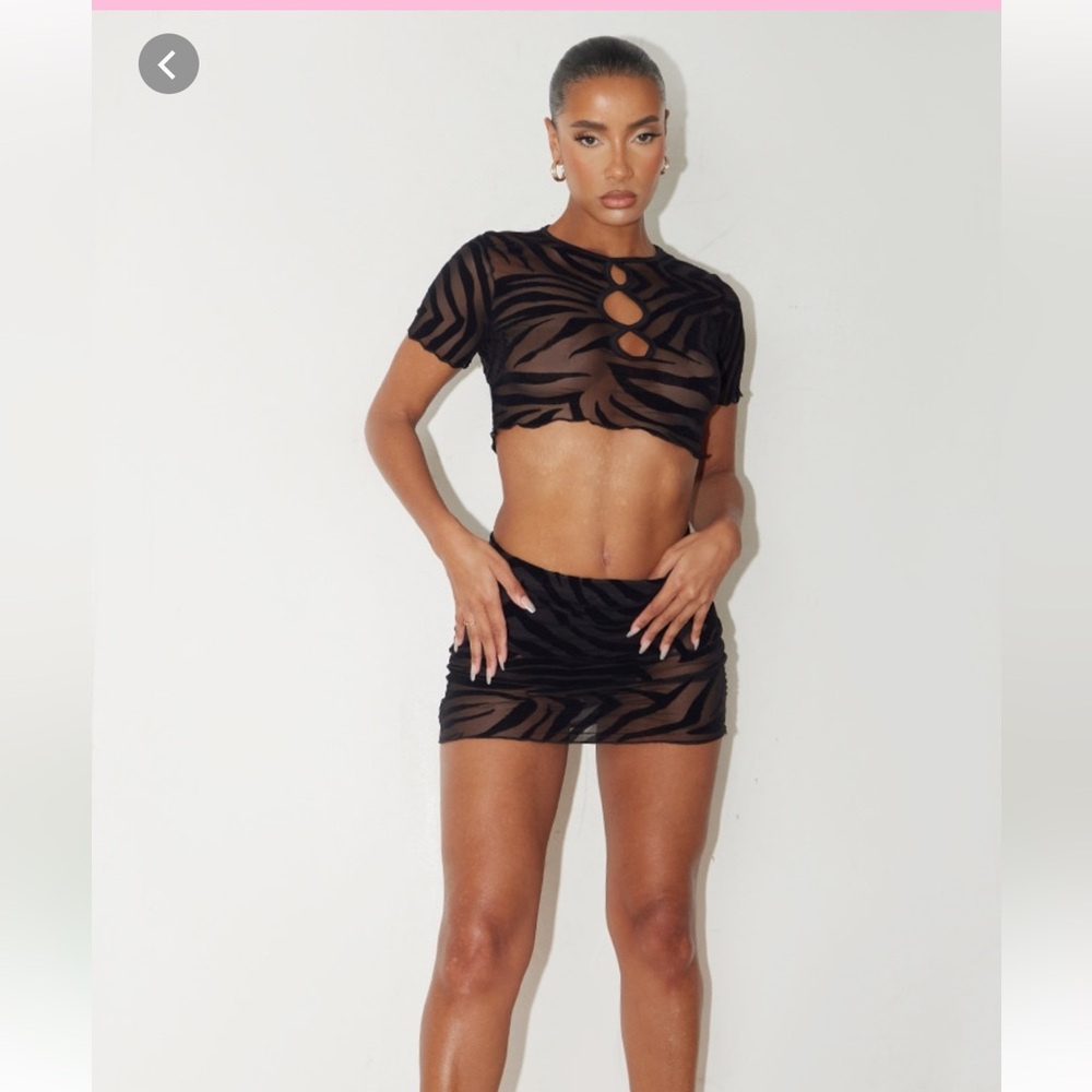 PrettyLittleThing Black Sheer Zebra Crop Top and Mini Skirt Set